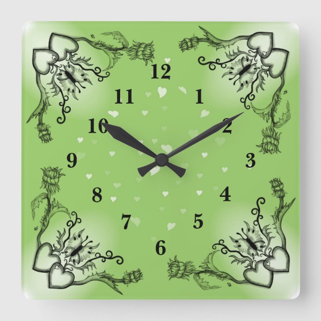 Hearts with Flowers and Butterfly in Tattoo Style Square Wall Clock (Front)