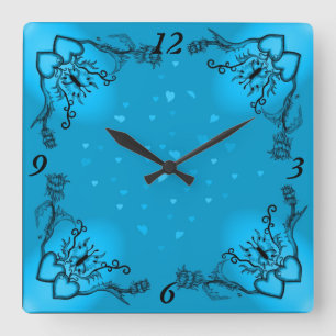 Hearts with Flowers and Butterfly in Tattoo Style Square Wall Clock