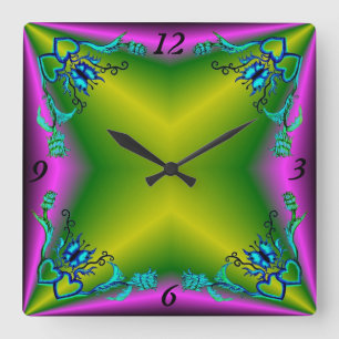 Hearts with Flowers and Butterfly in Tattoo Style Square Wall Clock