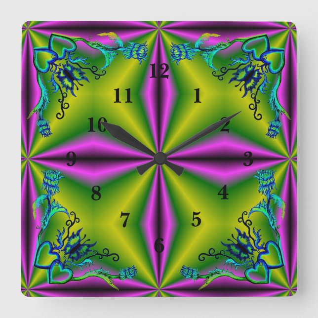Hearts with Flowers and Butterfly in Tattoo Style Square Wall Clock (Front)