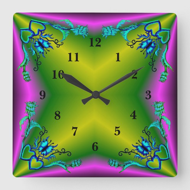 Hearts with Flowers and Butterfly in Tattoo Style Square Wall Clock (Front)