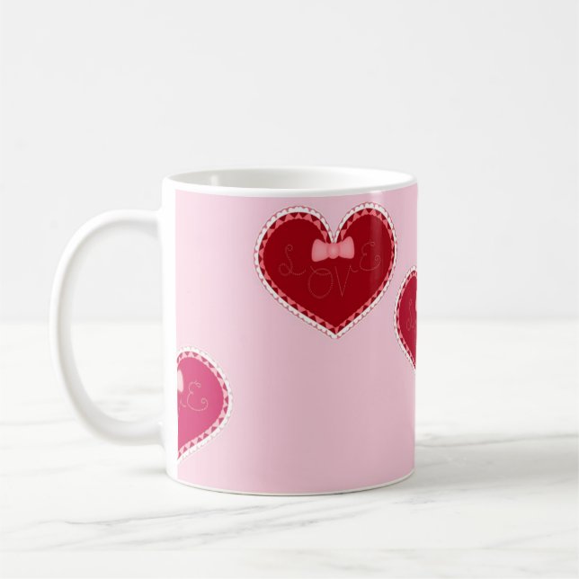 Hearts with lace on pink coffee mug (Left)
