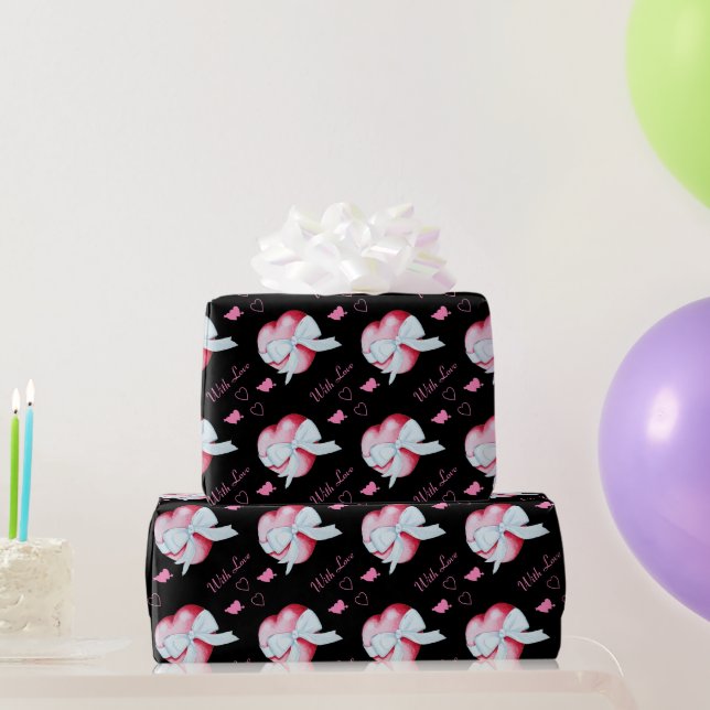 hearts with white bow romantic art design wrapping paper (Party Gifts)