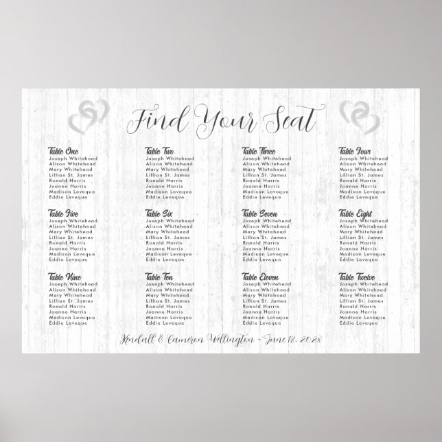 Hearts Wood Rustic Wedding Seating Chart Poster (Front)