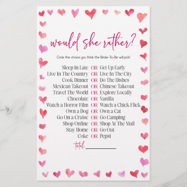 Hearts Would She Rather? Bridal Shower Game  Stationery (Front)