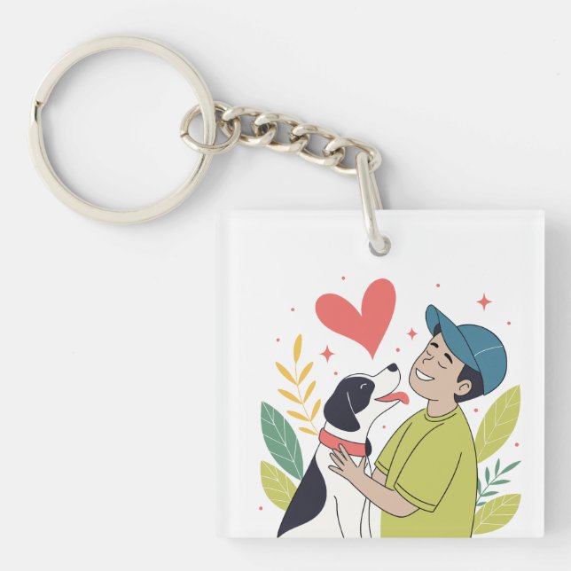 Heartwarming Boy Hugging Dog Keychain (Front)
