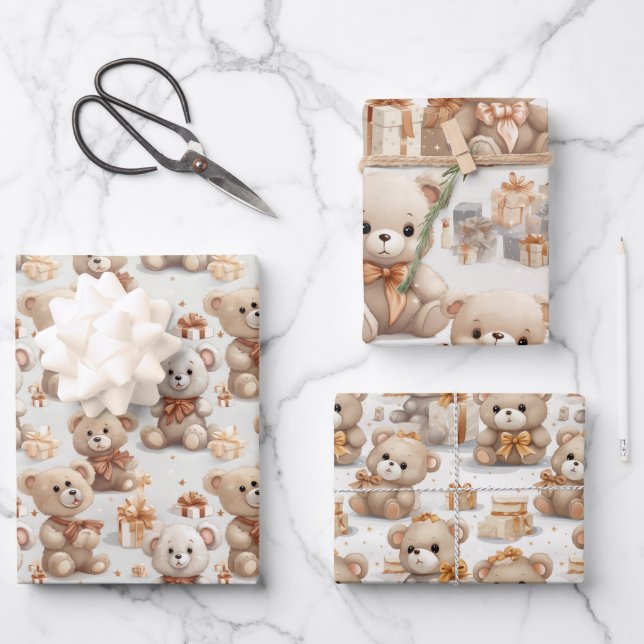 Heartwarming Christmas Teddy Bears Pattern Wrapping Paper Sheet (Front)