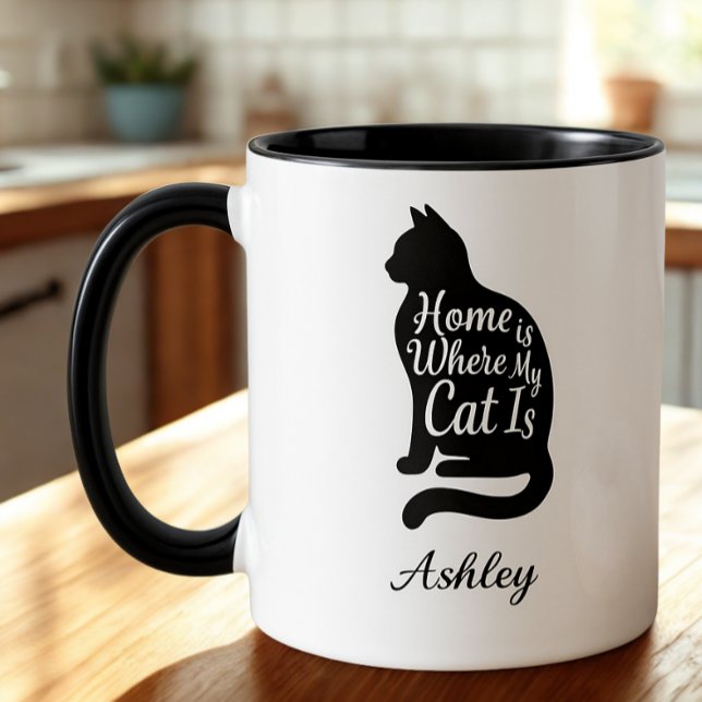 Heartwarming Minimalist Silhouette Cat Parent Gift Mug (Home is where my cat is silhouette mug — cozy birthday gift idea for feline pet parents.)