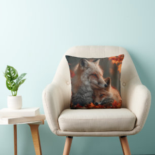 Heartwarming Red Fox Pair in Autumn Forest Leaves Cushion