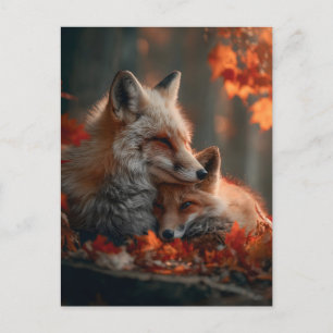 Heartwarming Red Fox Pair in Autumn Forest Leaves Holiday Postcard