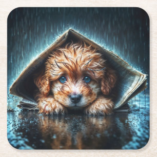 Heartwarming wet canine in stormy weather square paper coaster
