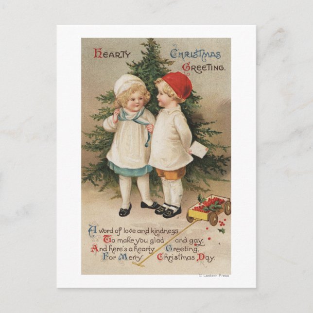 Hearty Christmas GreetingKids by a Tree Holiday Postcard (Front)