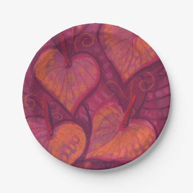 Hearty Flowers, floral hearts, pink, red & orange Paper Plate (Front)