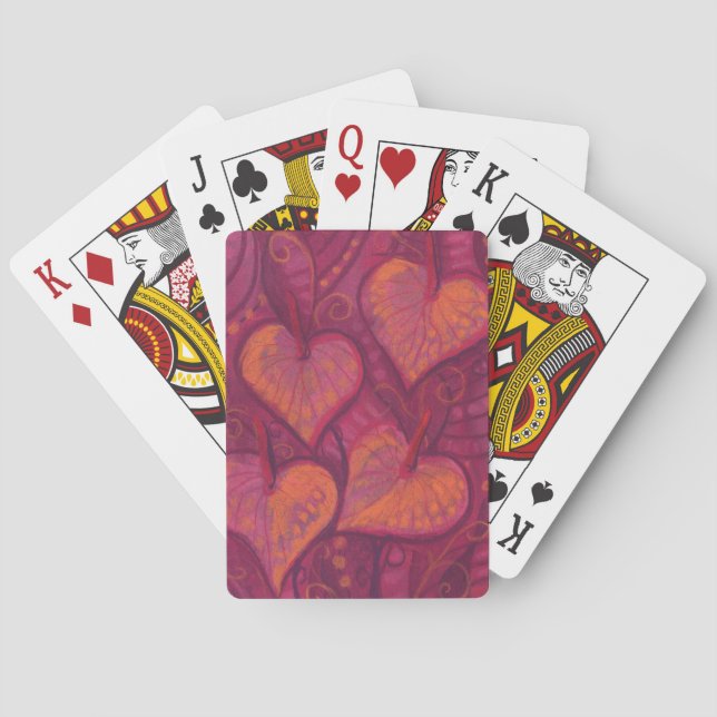 Hearty Flowers, floral hearts, pink, red & orange Playing Cards (Back)
