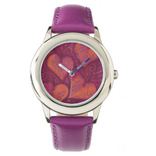 Hearty Flowers, floral hearts, pink, red & orange Watch