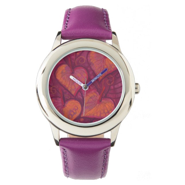 Hearty Flowers, floral hearts, pink, red & orange Watch (Front)