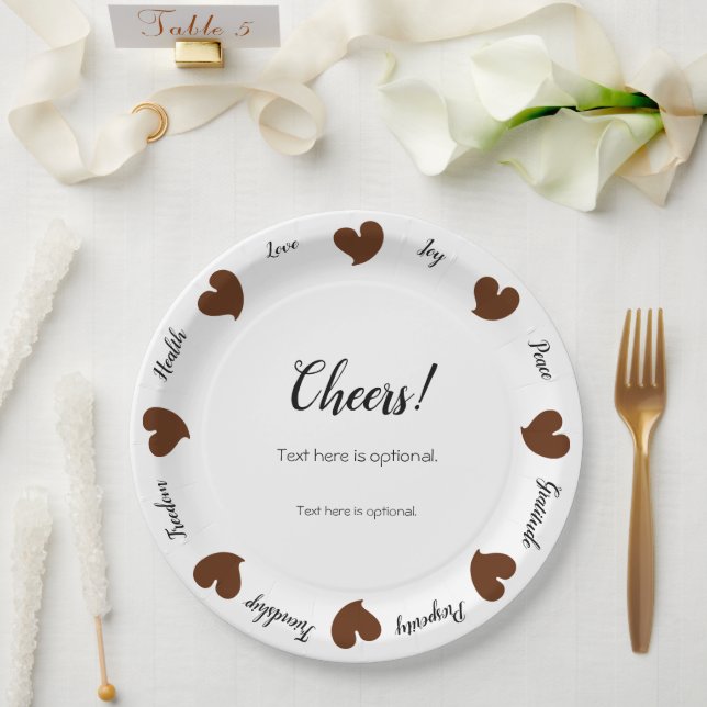Hearty Hearts Dark Brown - Custom Text Center Paper Plate (Wedding)