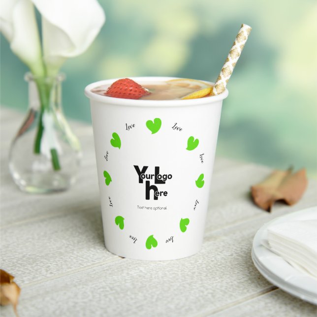 Hearty Hearts Green - Custom Text and Logo Paper Cups (Insitu)