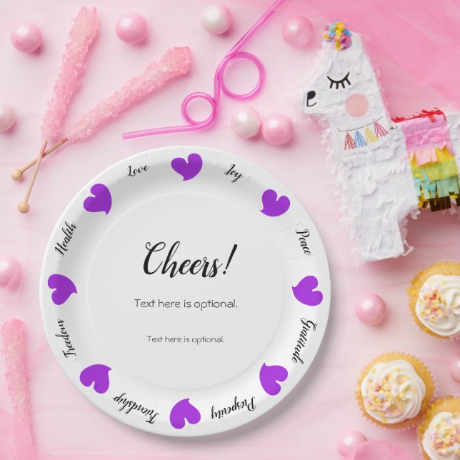 Hearty Hearts Purple - Custom Text Center Paper Plate (Party)