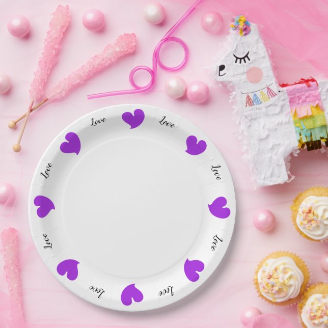Hearty Hearts Purple - Custom Text Paper Plates (Party)