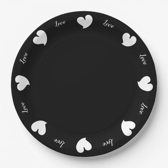 Hearty Hearts White and Black - Custom Text Paper Plate (Front)