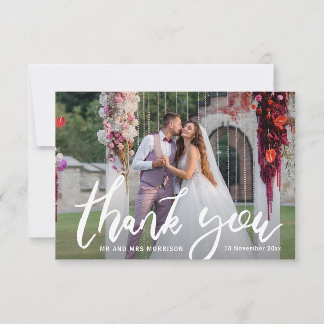 Hearty thank you brush script wedding photo card (Front)