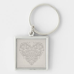 HeartyChic Natural Linen Damask Heart Key Ring