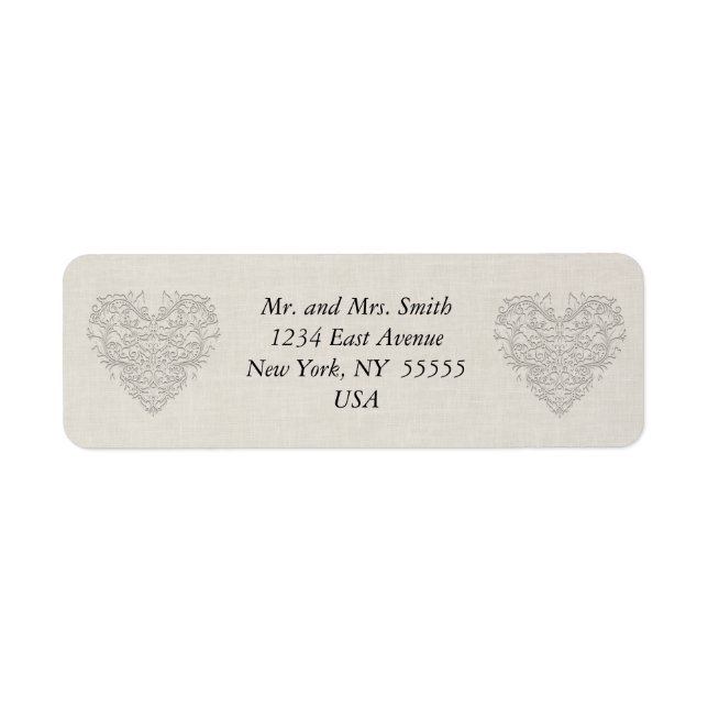 HeartyChic Natural linen Damask Heart Return Address Label (Front)