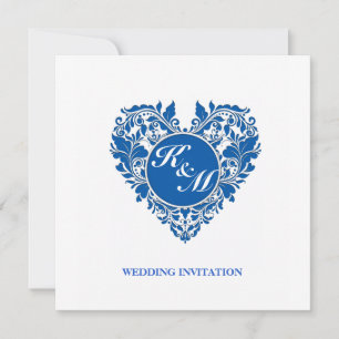 HeartyParty Blue And White Damask Heart Invitation