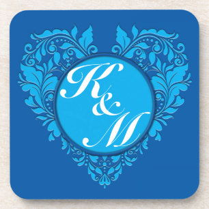 HeartyParty Cobalt Blue And Turquoise Damask Heart Coaster
