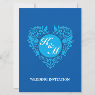 HeartyParty Cobalt Blue And Turquoise Damask Heart Invitation