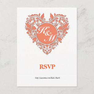 HeartyParty Coral And White Damask Heart Postcard