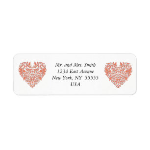 HeartyParty Coral And White Damask Heart Return Address Label