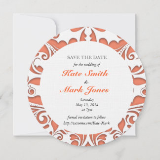 HeartyParty Coral And White Damask Heart Save The Date