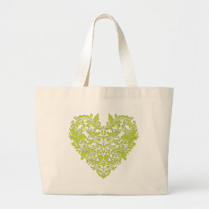 HeartyParty Lime Green And White Damask Heart Large Tote Bag