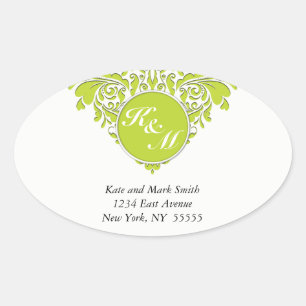 HeartyParty Lime Green And White Damask Heart Oval Sticker