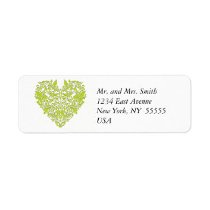HeartyParty Lime Green And White Damask Heart Return Address Label
