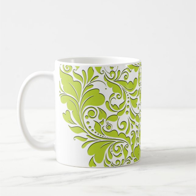 HeartyParty Lime Green & White Damask Heart Coffee Mug (Left)
