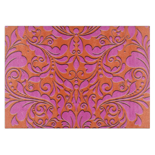 HeartyParty Orange and Pink Damask Heart Cutting Board