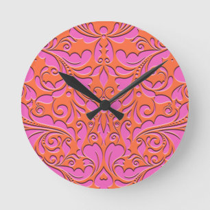 HeartyParty Orange and Pink Damask Heart Round Clock