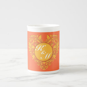 HeartyParty Orange and Yellow Damask Heart Bone China Mug