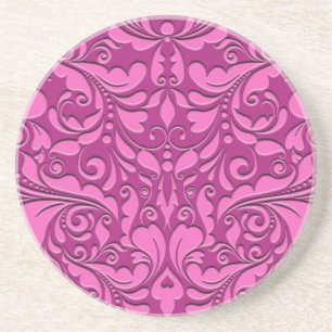 HeartyParty Pink And Cherry Damask Heart Coaster