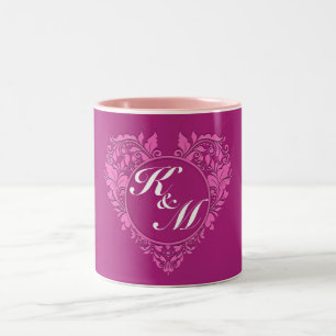 HeartyParty Pink And Cherry Damask Heart Two-Tone Coffee Mug