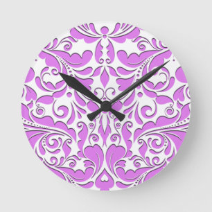 HeartyParty Pink And White Damask Heart Round Clock