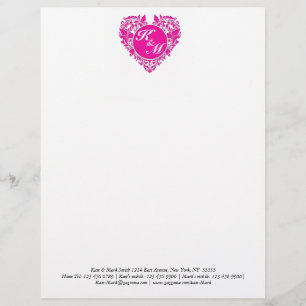 HeartyParty Pink Magenta And White Damask Heart Personalised Letterhead