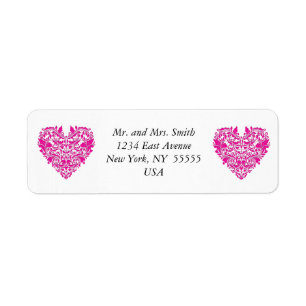 HeartyParty Pink Magenta And White Damask Heart Return Address Label