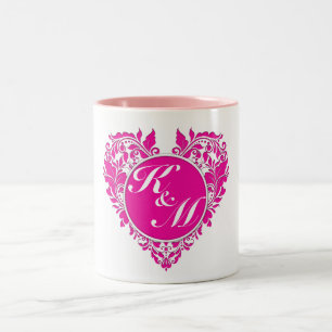HeartyParty Pink Magenta And White Damask Heart Two-Tone Coffee Mug