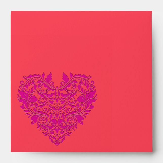 HeartyParty Raspberry and Magenta Damask Heart Envelope (Front)