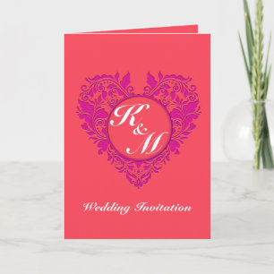 HeartyParty Raspberry and Magenta Damask Heart Invitation