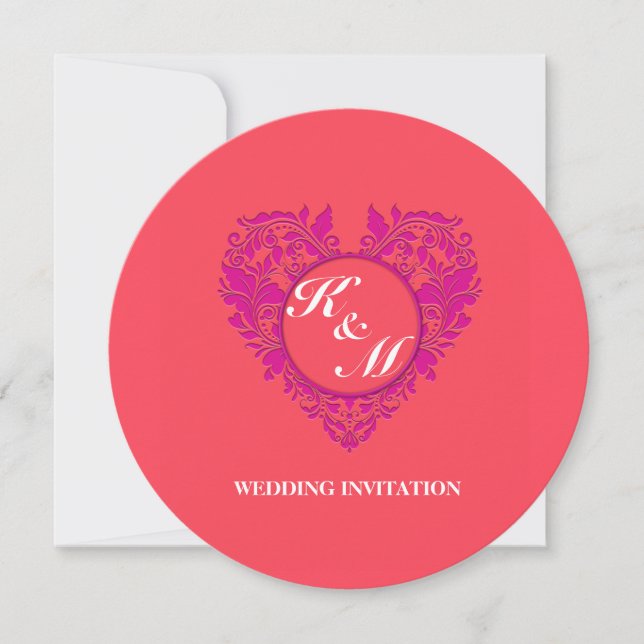 HeartyParty Raspberry and Magenta Damask Heart Invitation (Front)